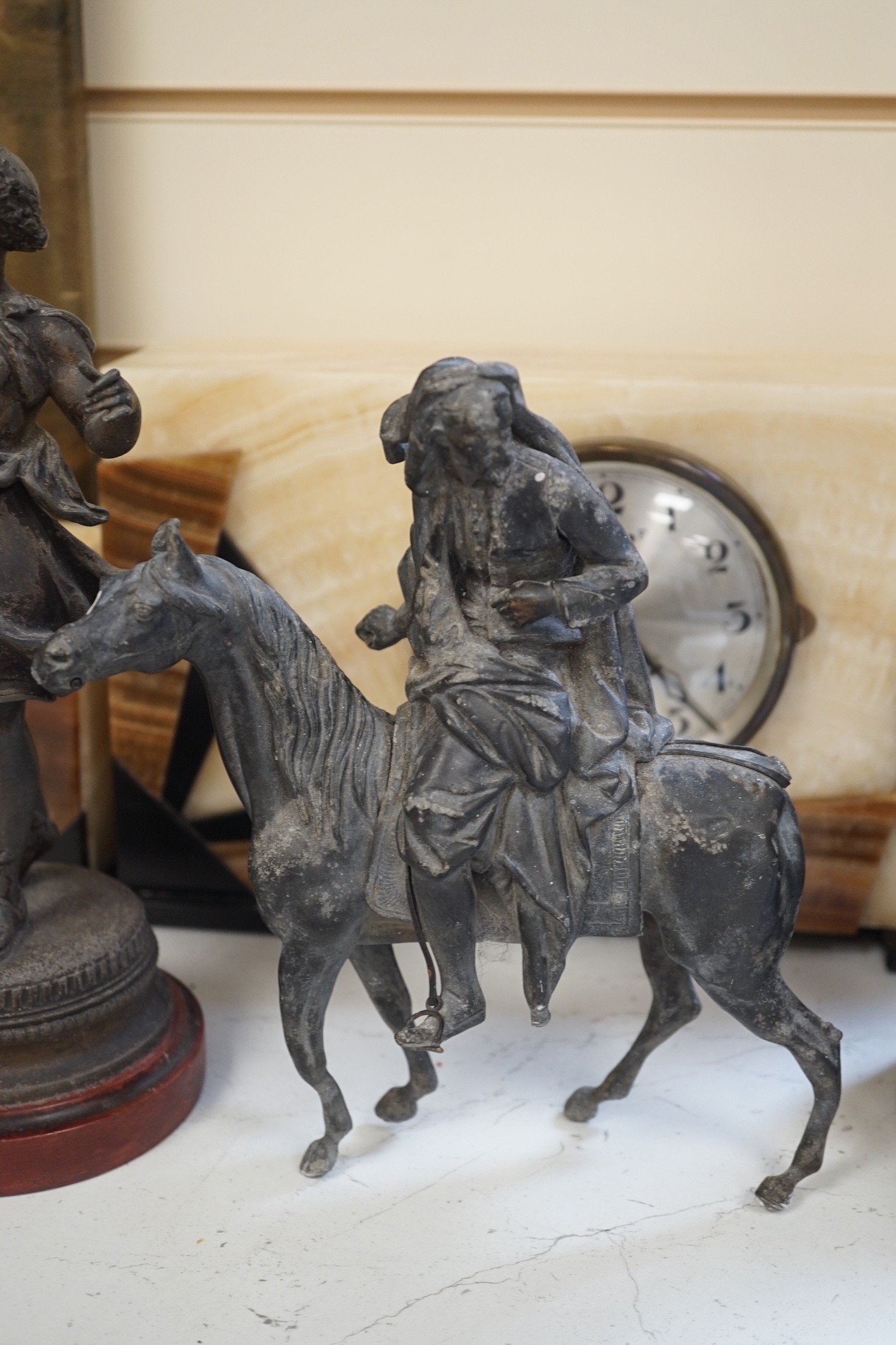 A pair of spelter figures and two others, tallest 40cm